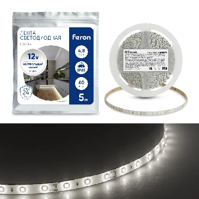 Светодиодная LED лента Feron LS604, 60SMD(2835)/m 4.8W/m 12V IP65 5m, 4000К 48219