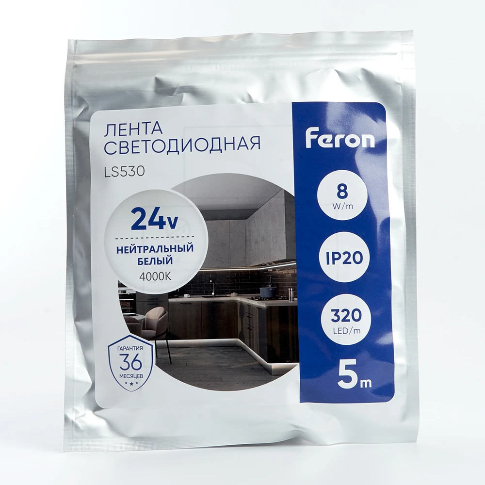 Светодиодная COB лента Feron LS530, 320SMD(2110)/м 10Вт/м 24V 5000*8*1.8мм 4000К IP20 48264 2