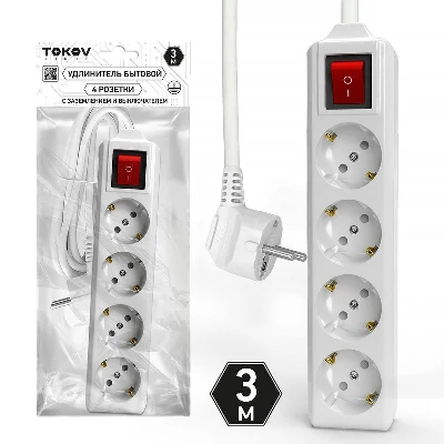 Удлинитель 4х3м с заземл. с выкл. 10А 3х1.5 TOKOV ELECTRIC TKL-C01-BU4-3-1.5-ZV