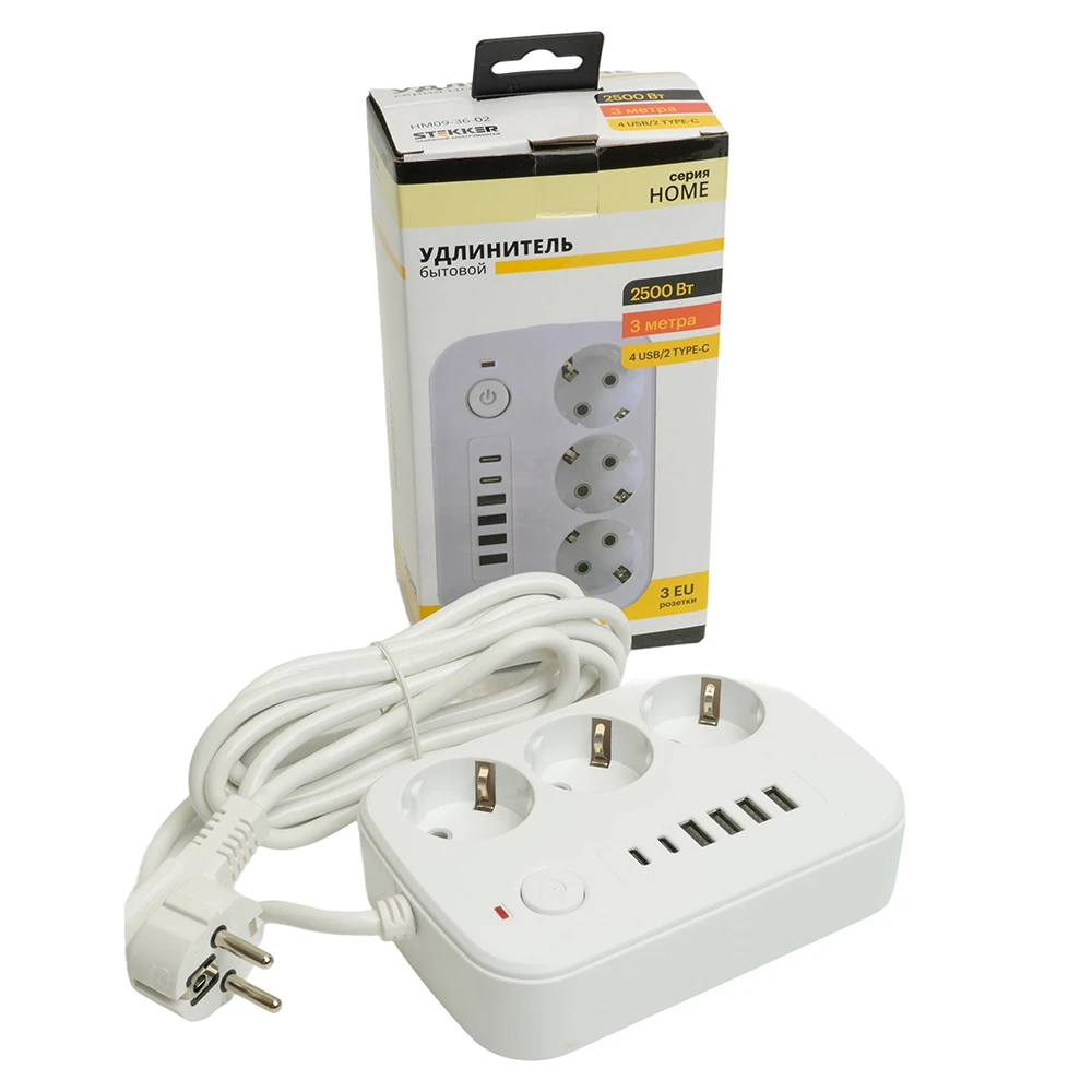 Удлинитель 3-местный c/з 3x1 мм2, 3 м, 250В, 10А, 4USB+2Type-C 2,4А, серия Home, белый STEKKER HM09-36-02 49979 8