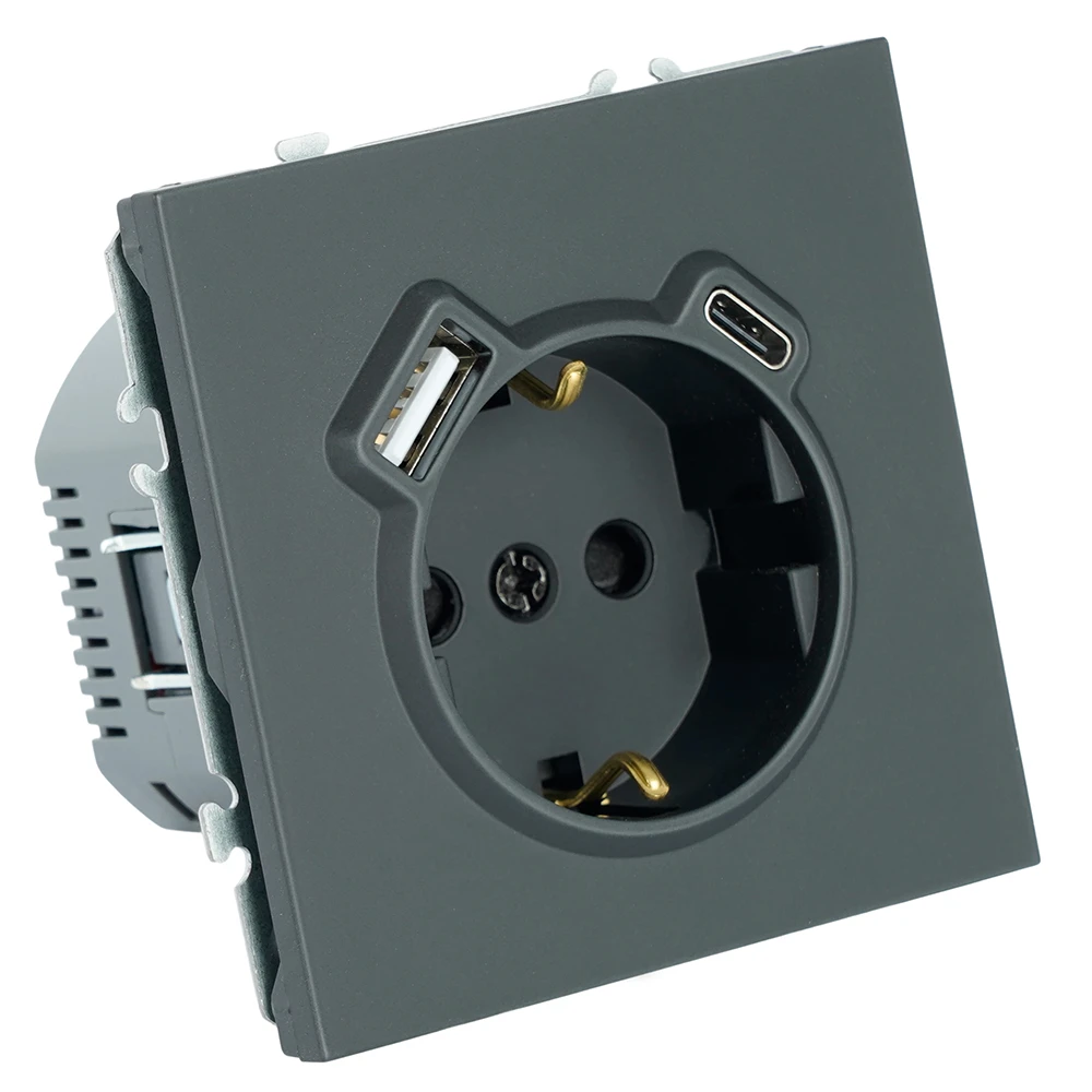 Розетка 1-местная з/ш с/з 16А + USB + Type C (механизм), Stekker, 250В, 20W, серия Эмили, черный уголь, soft-touch, RST16-5119-05 50218 1
