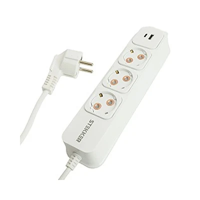 Удлинитель 3-местный с/з STEKKER HM20-31-03 3x1мм2, 3м, 250В, 16А, USB A+C, Click Tap, HM20-31-03, белый+глянцевый золотой 50085