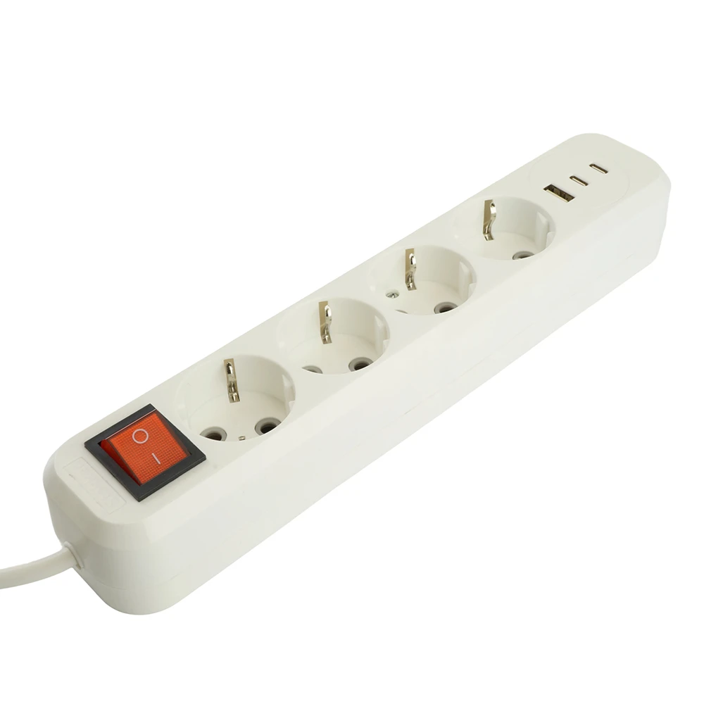 Удлинитель 4-местный с/з с выключ. STEKKER HM071-41-05 3x1мм2, 5м, 250В, 16А, 1USB+2C, 2.4A, сер Home, белый 50141 3