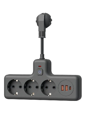 Удлинитель с сетевым фильтром 3х0.3м 10А 2USB + 1USBC 2500Вт ПВС 3х1 компакт черн. КОСМОС FRKsm0.3m-3g(B)USB