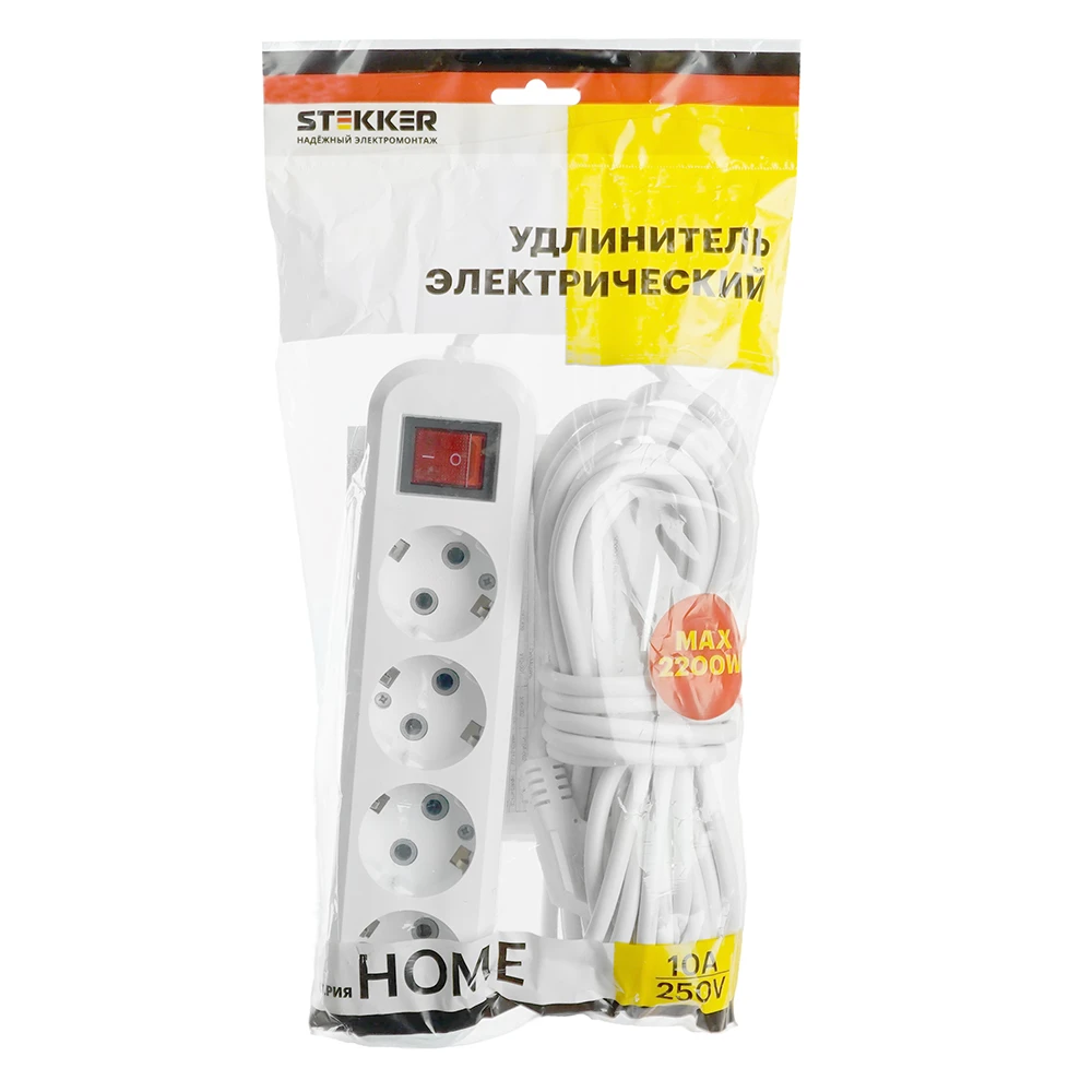 Удлинитель четырехместный с/з с выключателем STEKKER HM03-41-07 3x0,75, 7м, серия Home (У10А-003), белый 39526 8
