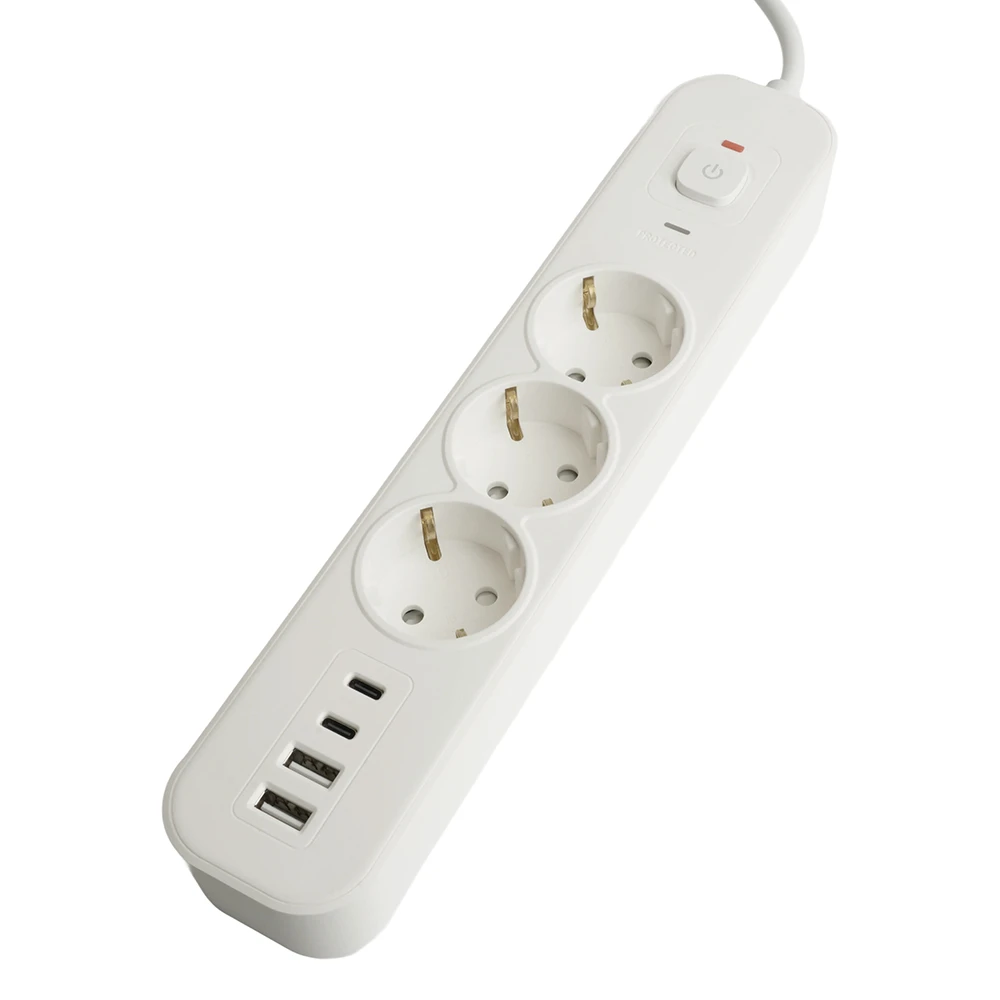 Сетевой фильтр 3-местный с/з STEKKER 3x1мм2, 1,8 м, 250В, 16А, 2 USB-A+2 Type-C, серия Nova, белый 50099 1