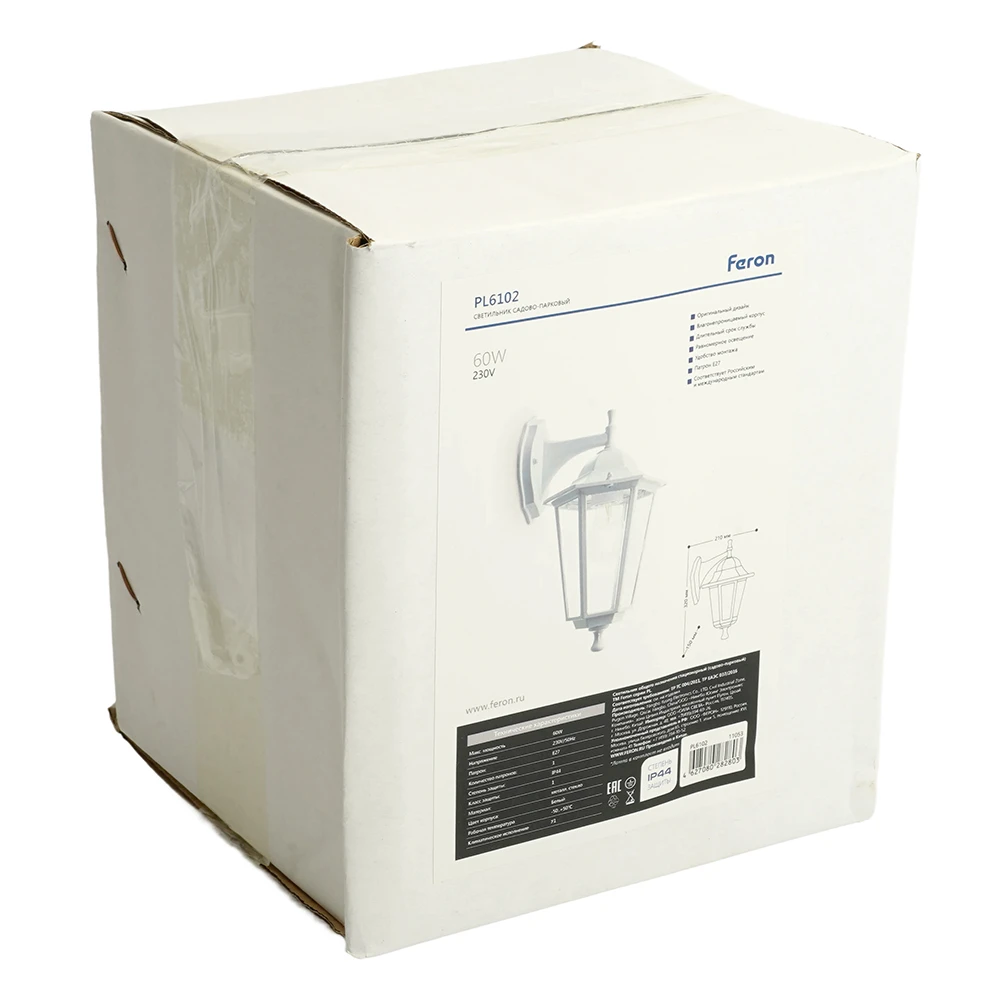 Светильник садово-парковый Feron 6102/PL6102 шестигранный на стену вниз 60W E27 230V, белый 11053 9