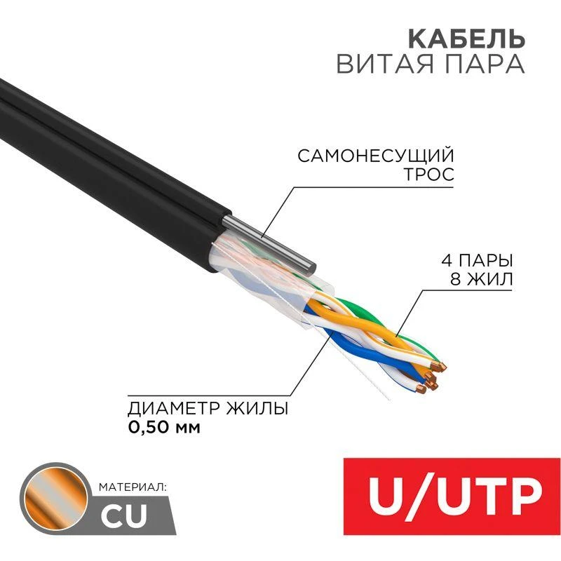 Кабель витая пара U/UTP кат.5E 4х2х24AWG solid CU PE Outdoor трос черн. (м) Rexant 01-0046 2