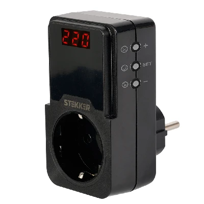 Реле напряжения для розетки регулируемое  STEKKER  VPR-200B, 230В,16A,черный 50690