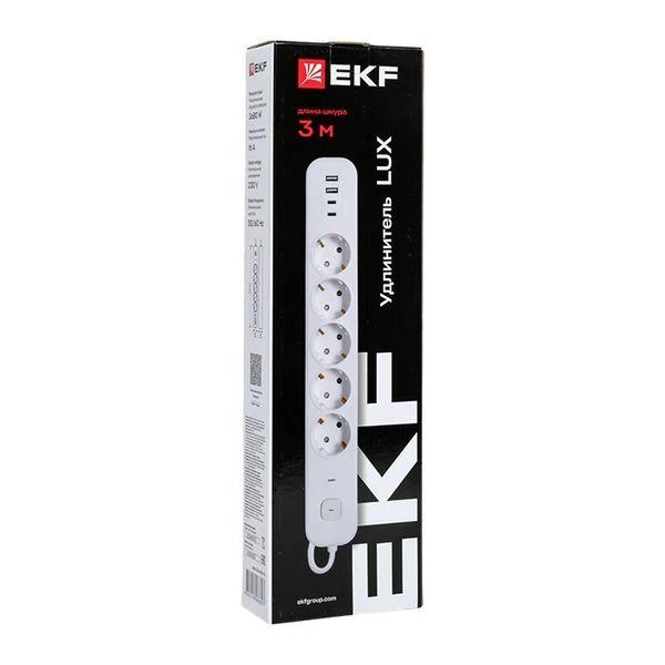 Удлинитель 5х3м IP20 2USB 2.4А+2type-C LUX 1.5кв.мм EKF UBA-LUX-503-TC 8