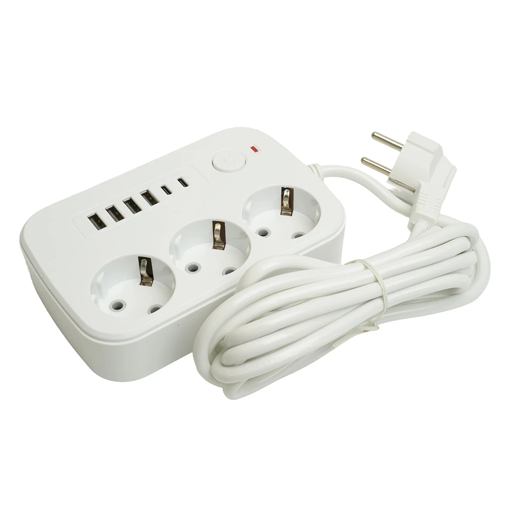 Удлинитель 3-местный c/з 3x1 мм2, 3 м, 250В, 10А, 4USB+2Type-C 2,4А, серия Home, белый STEKKER HM09-36-02 49979 1