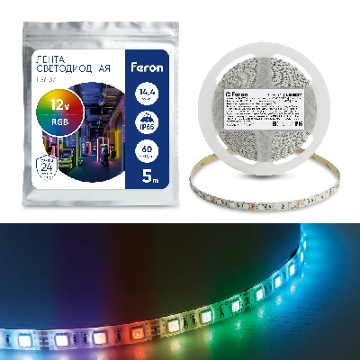 Светодиодная LED лента Feron LS607, 60SMD(5050)/m 14.4W/m 12V IP65 5m RGB 27651