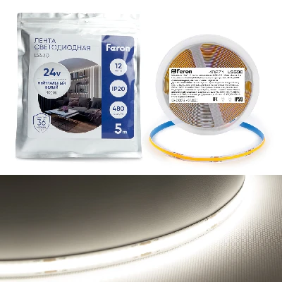 Светодиодная COB лента Feron LS530, 480SMD(2110)/м 12Вт/м 24V 5000*10*1.8мм 4000К IP20 48271