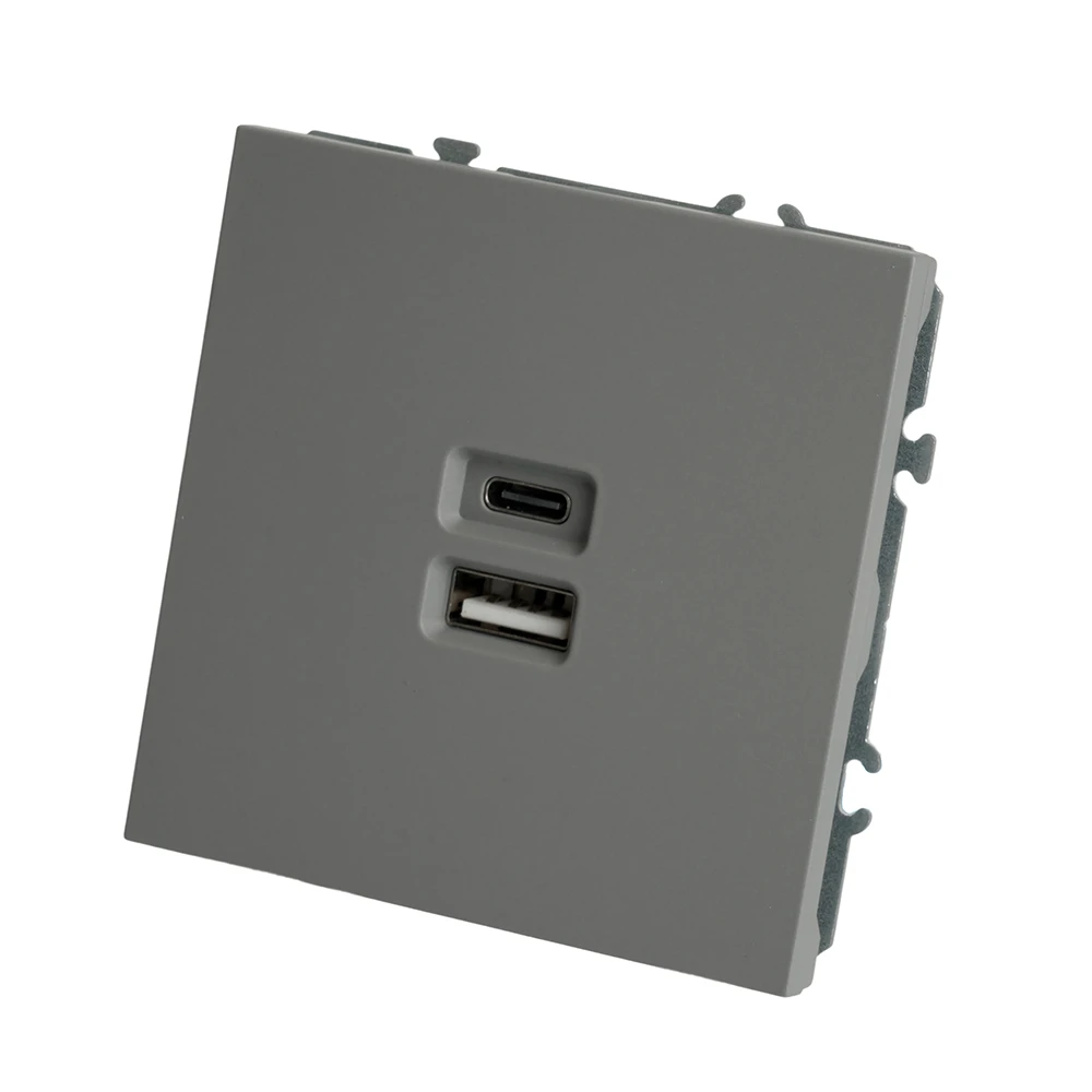 Розетка 2-местная USB + Type C (механизм), STEKKER, 250В, 20W, серия Эмили, RST10-5115-10, платиново-серый, soft touch 49957 1