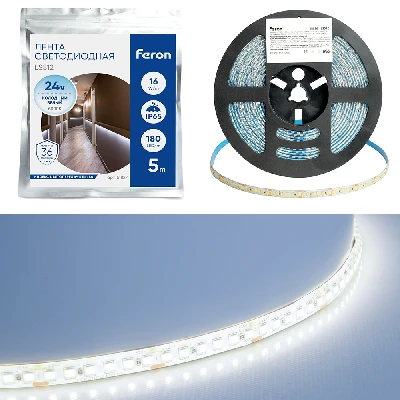 Светодиодная LED лента Feron LS512, 180SMD(2835)/м 16Вт/м 24V 5000*10*2.3мм 6000К IP65 51827