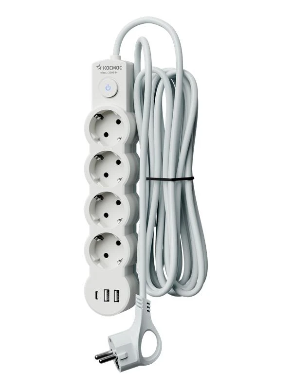 Удлинитель 4х3м с заземл. 10А IP20 USB type-Aх2 + type-C 2500Вт 220В ПВС 3х1 с выкл. бел. КОСМОС YKsm3m4g-Z-VU10А-W 2