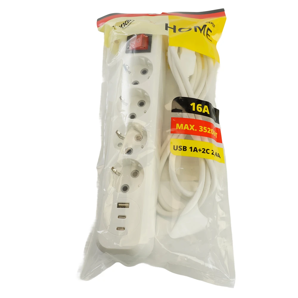 Удлинитель 4-местный с/з с выключ. STEKKER HM071-41-05 3x1мм2, 5м, 250В, 16А, 1USB+2C, 2.4A, сер Home, белый 50141 10