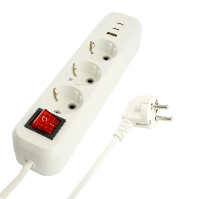 Удлинитель 3-местный с/з с выключ. STEKKER HM071-31-03 3x1мм2, 3м, 250В, 16А, 1USB+2C, 2.4A, сер Home, белый 50137