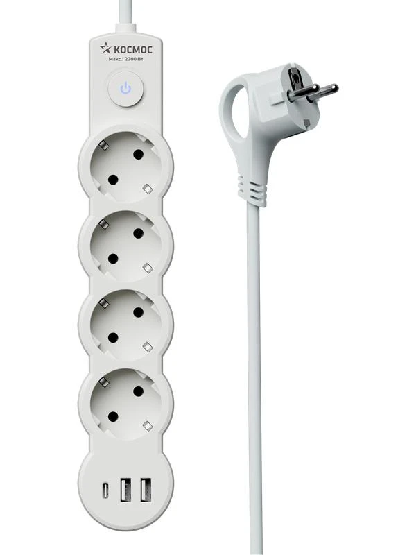 Удлинитель 4х3м с заземл. 10А IP20 USB type-Aх2 + type-C 2500Вт 220В ПВС 3х1 с выкл. бел. КОСМОС YKsm3m4g-Z-VU10А-W 4