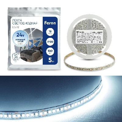 Светодиодная LED лента Feron LS502, 180SMD(2835)/м 16Вт/м 24V 5000*10*1.22мм 6000К IP20 41529