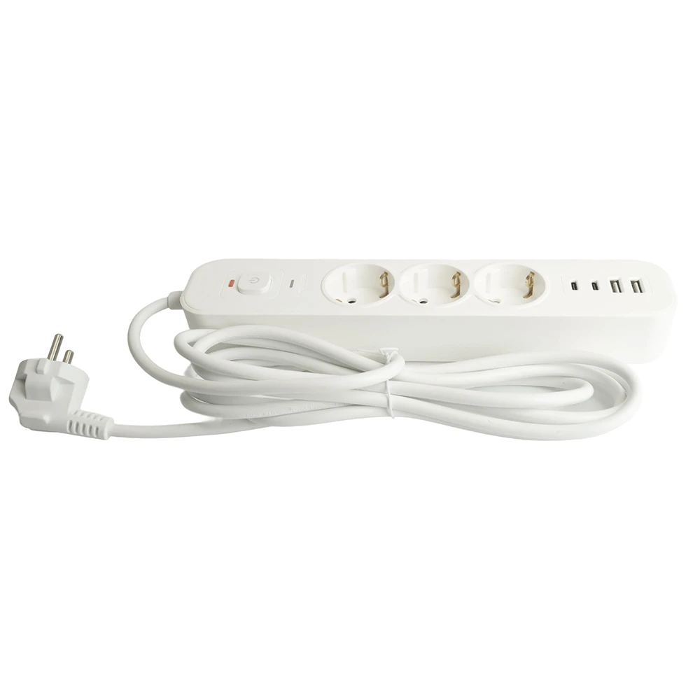 Сетевой фильтр 3-местный с/з STEKKER 3x1мм2, 1,8 м, 250В, 16А, 2 USB-A+2 Type-C, серия Nova, белый 50099 6