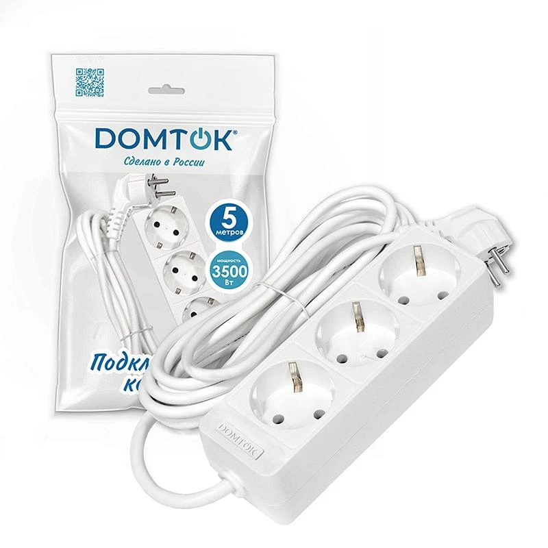 Удлинитель 3х5м с заземл. 16А IP20 3.5кВт ПВС 3х1 бел. DOMTOK 2392 1