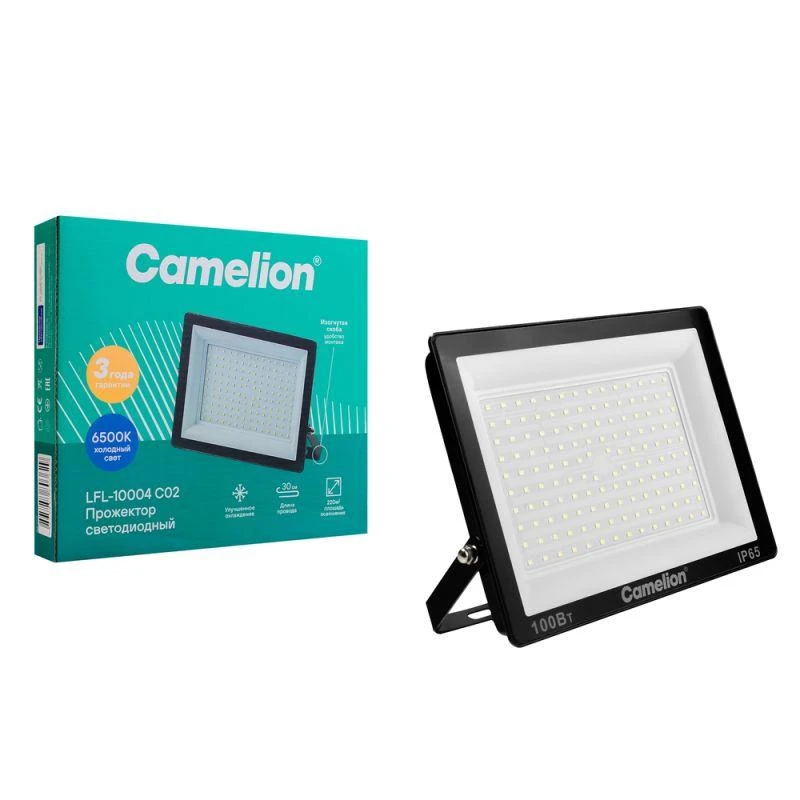 Прожектор светодиодный LFL-10004 C02 LED SMD 100Вт IP65 6500К 10000лм 230В 245х233.5Х31 черн. Camelion 16333 3