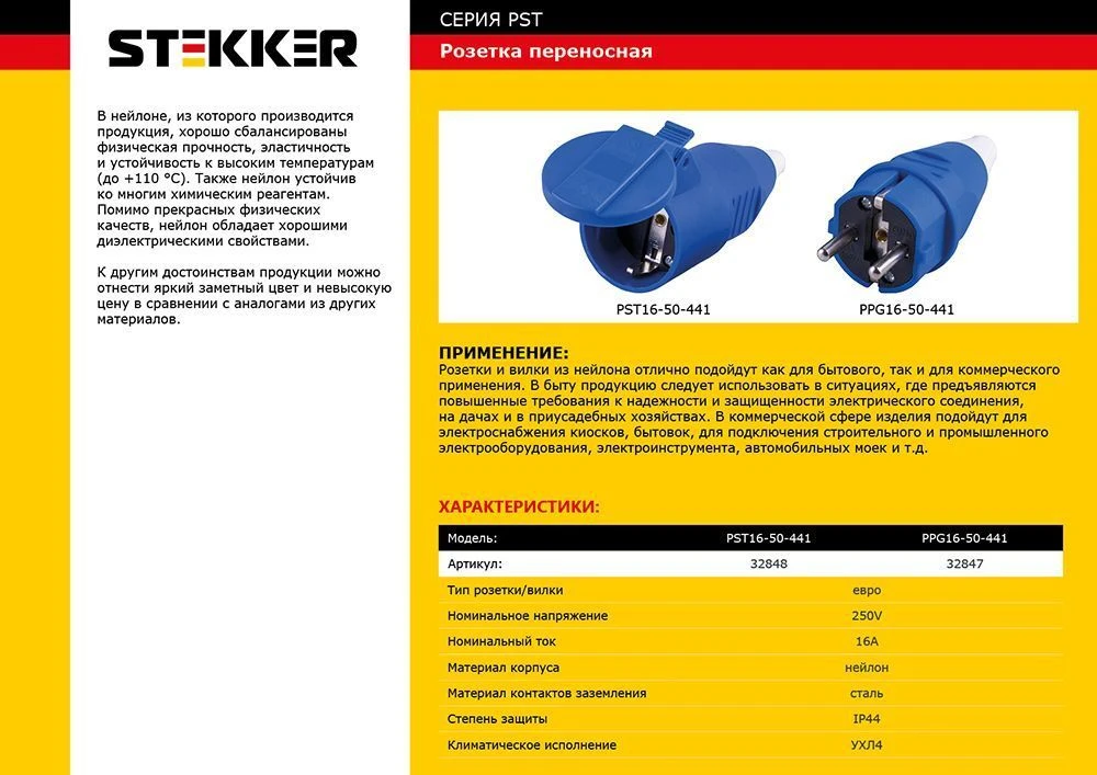 Вилка STEKKER PPG16-50-441 прямая с заземляющим контактом, нейлон 250В, 16A, IP44, синяя/белая 32847 1
