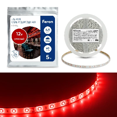 Светодиодная LED лента Feron LS604, 60SMD(2835)/m 4.8W/m 12V IP65 5m красный 27676