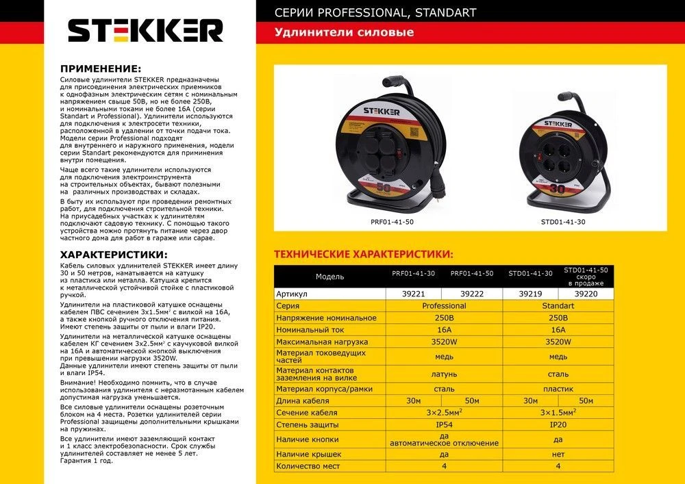 Удлинитель на пластиковой катушке Stekker STD01-41-50 50м, 4 гнезда с/з 3*1,5, черный, серия Standart (УХз-16) 39220 1