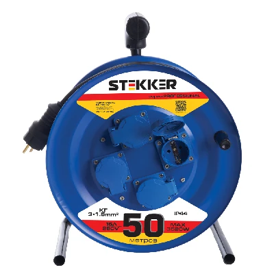 Удлинитель на металлической катушке с/з 4-местный Stekker, PRF02-31-50, 50м, 3*1,5, серия Professional, синий 39787