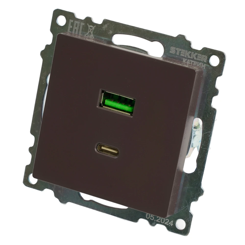 Розетка 2-местная USB + type C, STEKKER GLS10-7116-04, 250В, 3А, max 20W,серия Катрин, шоколад 50057 2