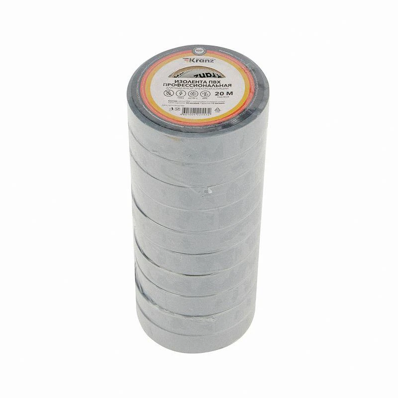 Изолента ПВХ профессиональная 0.18х19мм 20м сер. Kranz KR-09-2808 1