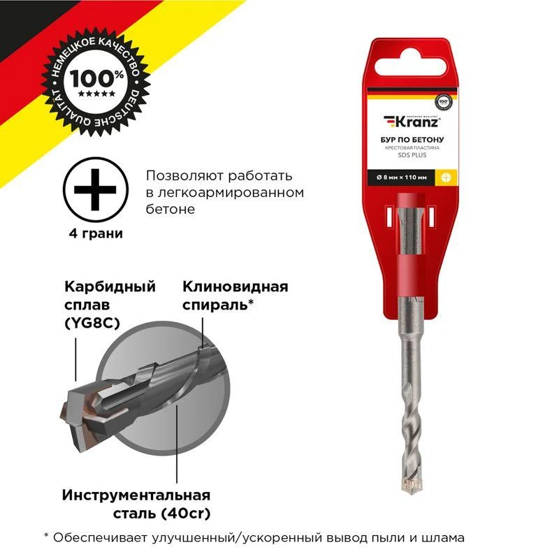 Бур по бетону 8х110мм крестовая пластина SDS PLUS Kranz KR-91-0805 3