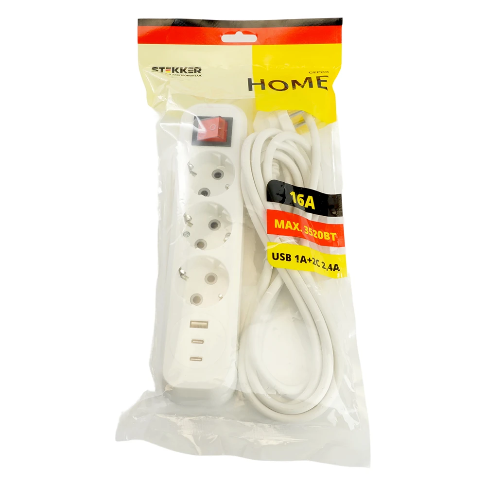Удлинитель 3-местный с/з с выключ. STEKKER HM071-31-03 3x1мм2, 3м, 250В, 16А, 1USB+2C, 2.4A, сер Home, белый 50137 9