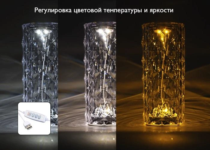 Светильник светодиодный настольный CTL3-USB 3Вт 120лм 5В 2SMD IP20 диммер: 2700-3000К/4000-4500К/6000-6500К ночник прозр. кристалл акрил ФАZА 5040885 1
