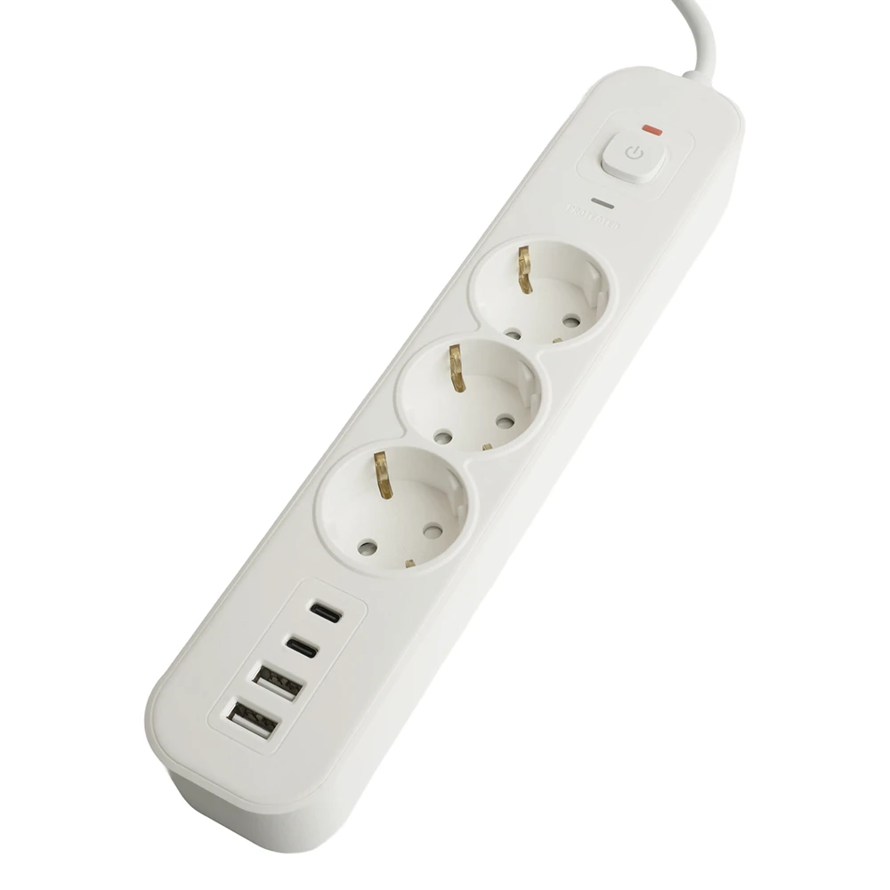Сетевой фильтр 3-местный с/з STEKKER 3x1мм2, 5 м, 250В, 16А, 2 USB-A+2 Type-C 3, серия Nova, белый 50101 1