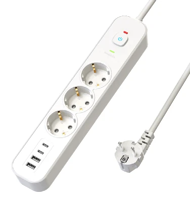 Сетевой фильтр 3-местный с/з STEKKER 3x1мм2, 5 м, 250В, 16А, 2 USB-A+2 Type-C 3, серия Nova, белый 50101