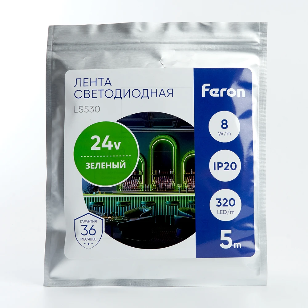 Светодиодная COB лента Feron LS530 320SMD(2110) 10Вт/м 24V 5000*8*1.8мм IP20, зеленый 48268 6