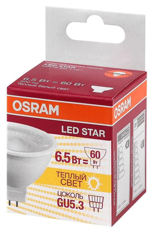 Лампа светодиодная LED STAR MR16 60110 6.5W/830 230V GU5.3 500лм 6.5Вт (замена 35Вт) 3000К тепл. бел. GU5.3 MR16 220-240В прозр. пласт. OSRAM 4058075481220 1