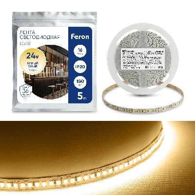 Светодиодная LED лента Feron LS502, 180SMD(2835)/м 16Вт/м 24V 5000*10*1.22мм 3000К IP20 41527