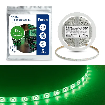 Светодиодная LED лента Feron LS604, 60SMD(2835)/m 4.8W/m 12V IP65 5m зеленый 27675