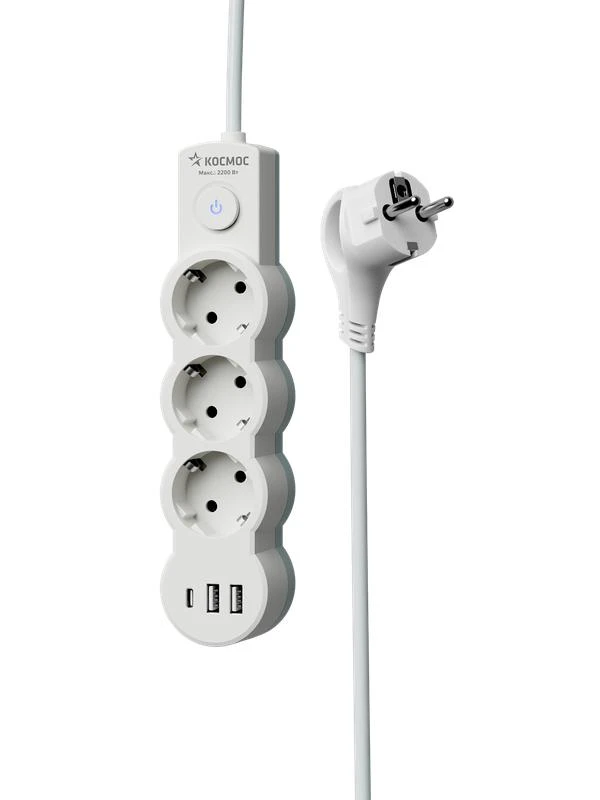 Удлинитель 3х1.5м с заземл. 10А IP20 USB 2800Вт 220В ПВС 3х1 с выкл. бел. КОСМОС YKsm1.5m3g-Z-VU10А-W 3