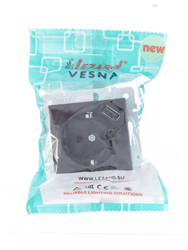 Розетка 1-м СП Vesna с заземл. с заряд. устройством USB механизм черн. бархат LEZARD 742-4288-181 4