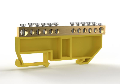 Шина PE "земля" на DIN-изоляторе 6х9мм 12 отвер. латунь TOKOV ELECTRIC TKE-BCB-69-12-DIN/PE